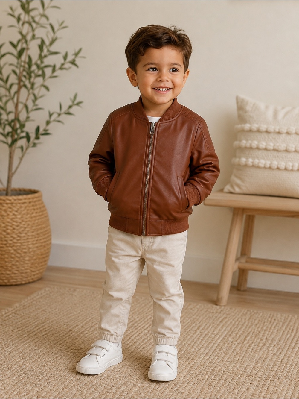 Size 3T brown luggage rust Faux Leather Bomber Kids Jacket zipper fall spring
